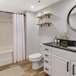 bathroom with mirror sink toilet and shower